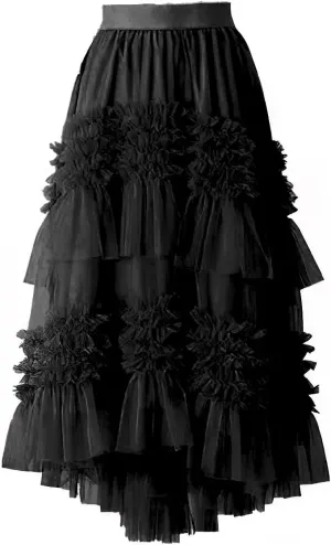 ebossy Women High-Low Tutu Tulle Pleated Skirt Tiered Ruffles Mesh Fairy Mid Long Skirt with Lined