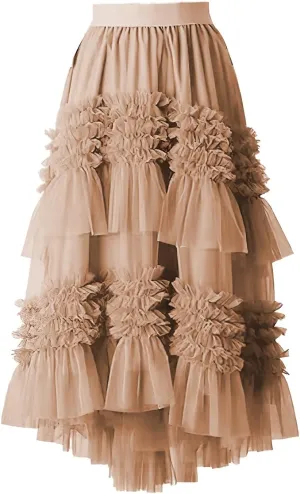 ebossy Women High-Low Tutu Tulle Pleated Skirt Tiered Ruffles Mesh Fairy Mid Long Skirt with Lined