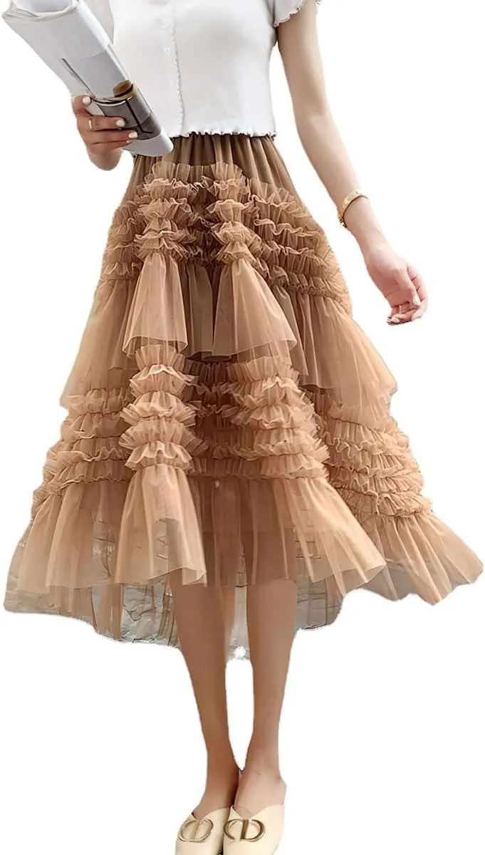 ebossy Women High-Low Tutu Tulle Pleated Skirt Tiered Ruffles Mesh Fairy Mid Long Skirt with Lined