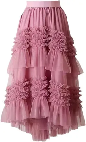 ebossy Women High-Low Tutu Tulle Pleated Skirt Tiered Ruffles Mesh Fairy Mid Long Skirt with Lined