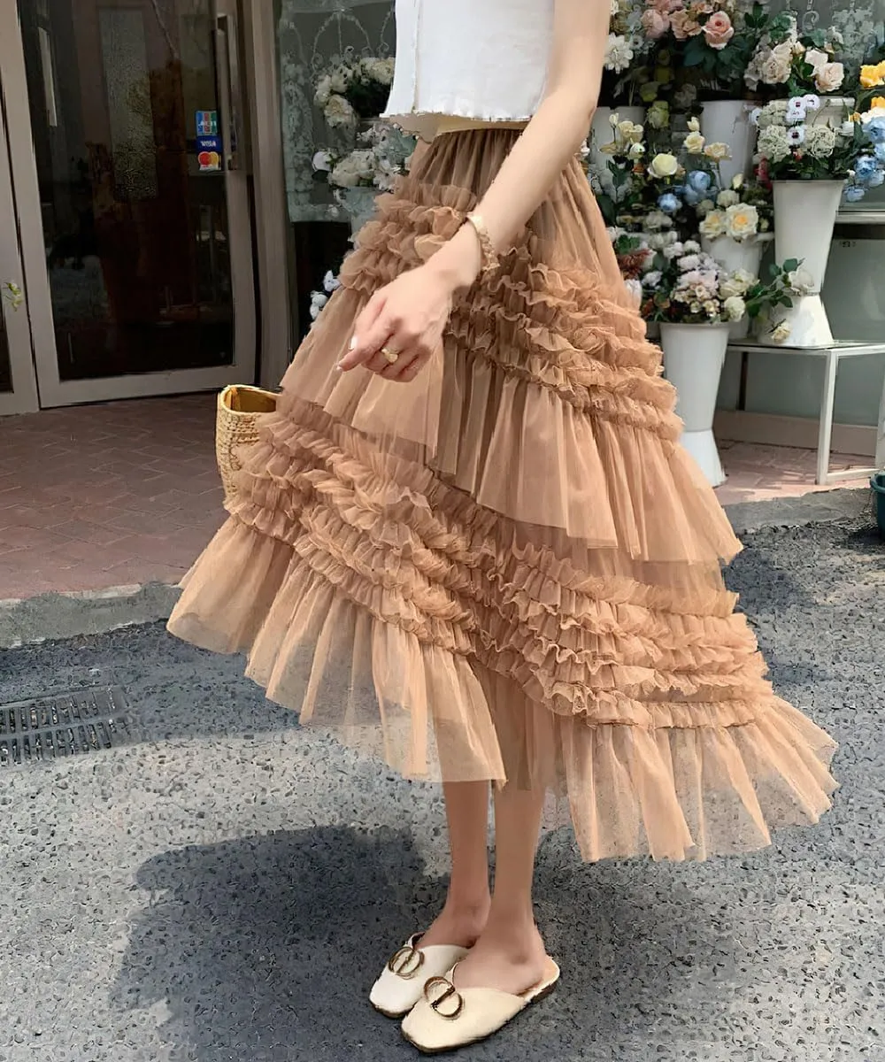 ebossy Women High-Low Tutu Tulle Pleated Skirt Tiered Ruffles Mesh Fairy Mid Long Skirt with Lined