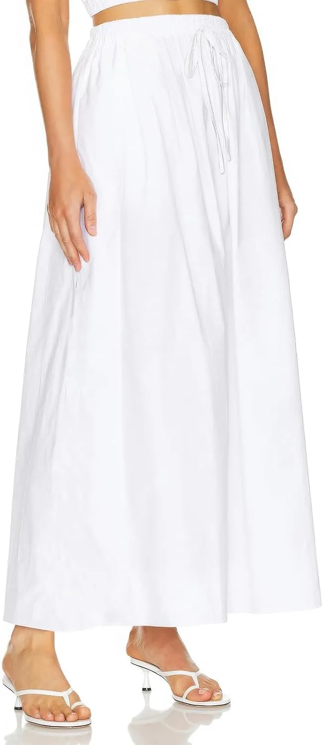 ebossy Women's Casual Long Cotton Skirt High Elastic Waist Side Slit A-line Maxi Skirts with Pockets