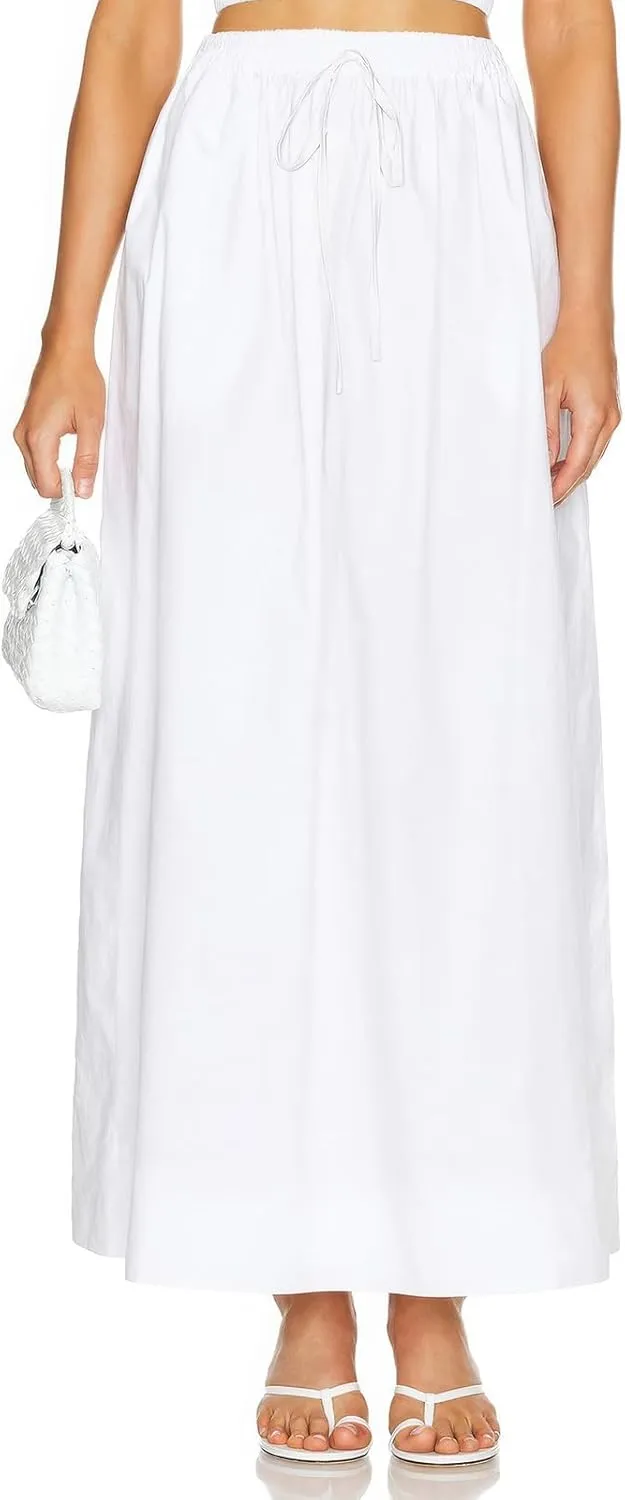 ebossy Women's Casual Long Cotton Skirt High Elastic Waist Side Slit A-line Maxi Skirts with Pockets