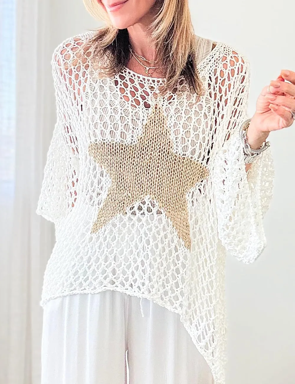 Ecosunny Womens Summer Crochet Hollow Out Scoop Neck Star Graphic Pullover Sweater Knit Tops Shirts Beach Cover Ups