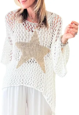 Ecosunny Womens Summer Crochet Hollow Out Scoop Neck Star Graphic Pullover Sweater Knit Tops Shirts Beach Cover Ups