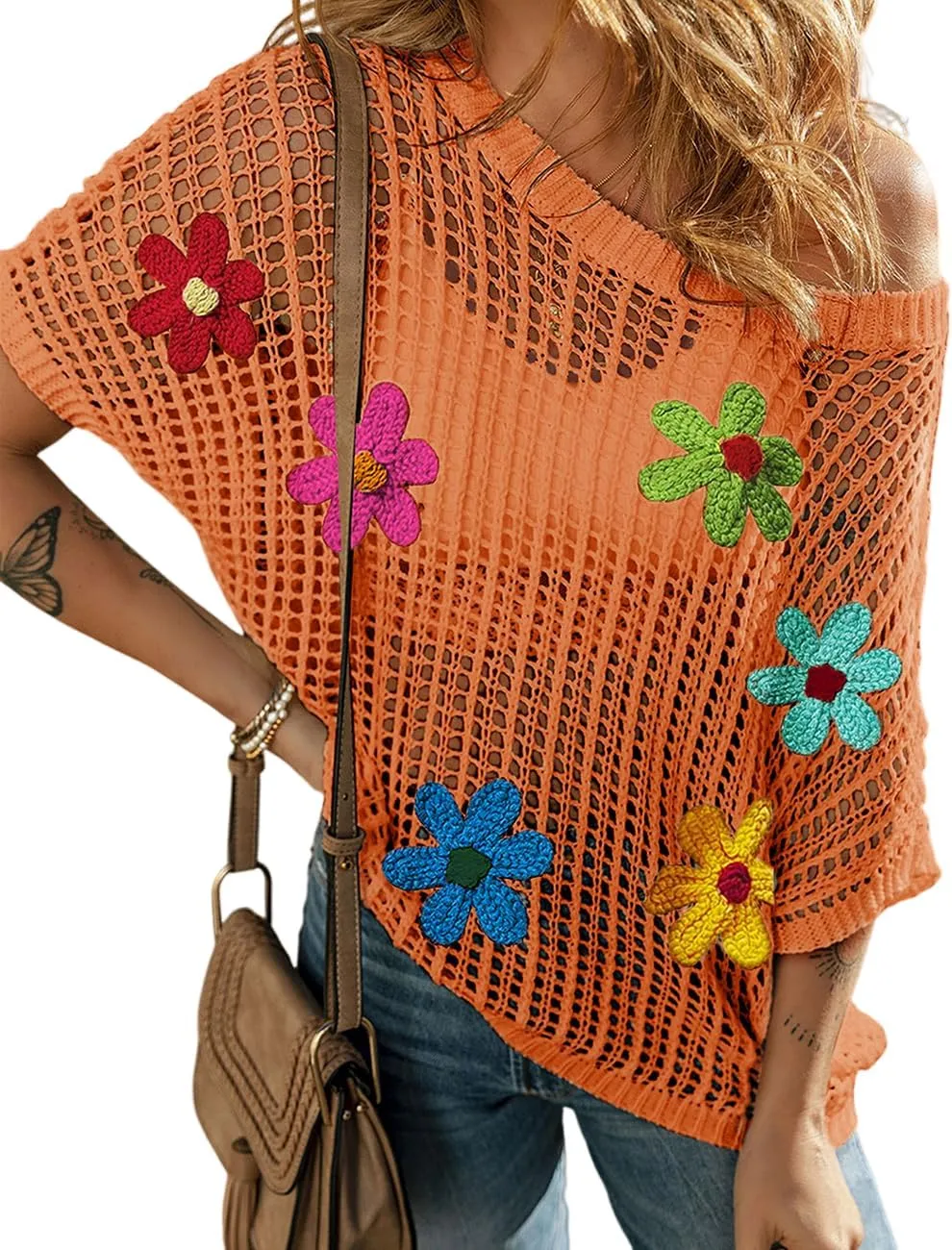 Ecosunny Womens Summer Crochet Tops Scoop Neck Short Sleeve Pullover Sweater Hollow Out Knit Tops Shirts Beach Cover Ups