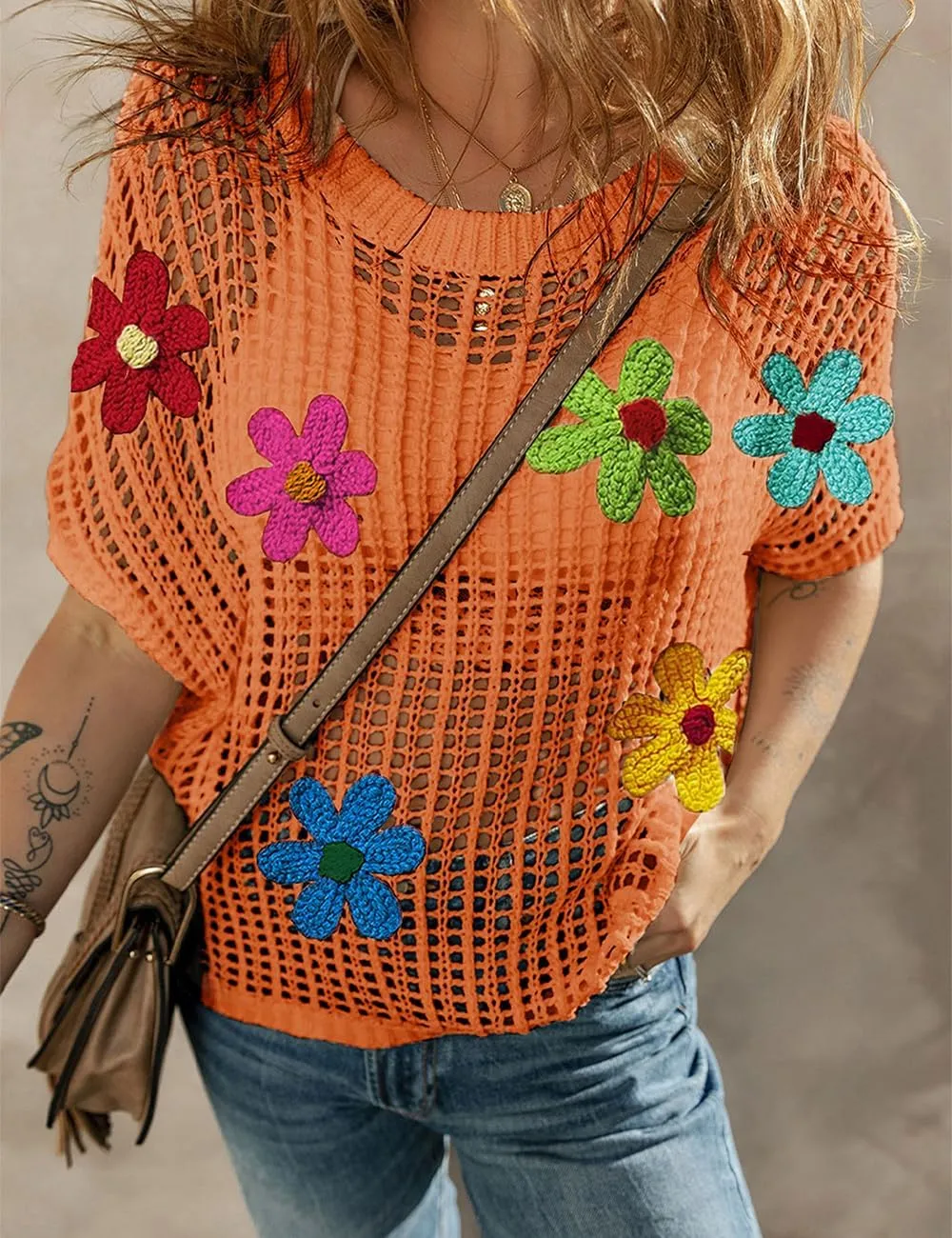 Ecosunny Womens Summer Crochet Tops Scoop Neck Short Sleeve Pullover Sweater Hollow Out Knit Tops Shirts Beach Cover Ups