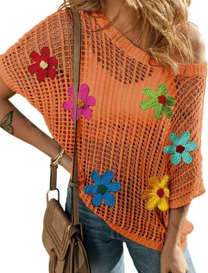 Ecosunny Womens Summer Crochet Tops Scoop Neck Short Sleeve Pullover Sweater Hollow Out Knit Tops Shirts Beach Cover Ups
