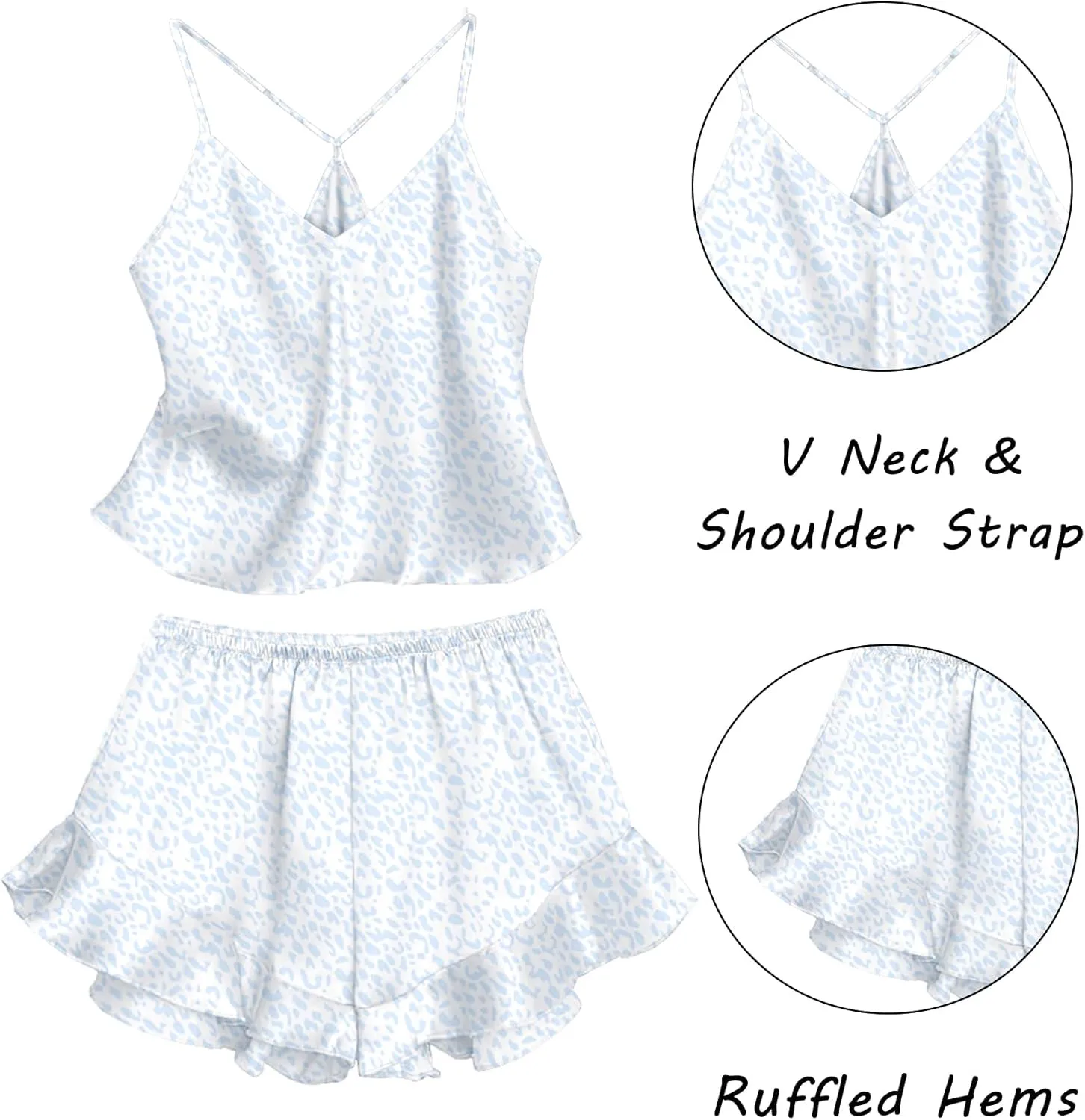 Ekouaer Satin Pajama Set for Women 2 Piece Camisole Top and Shorts Silk Lingerie with Ruffle Floral Nightwear