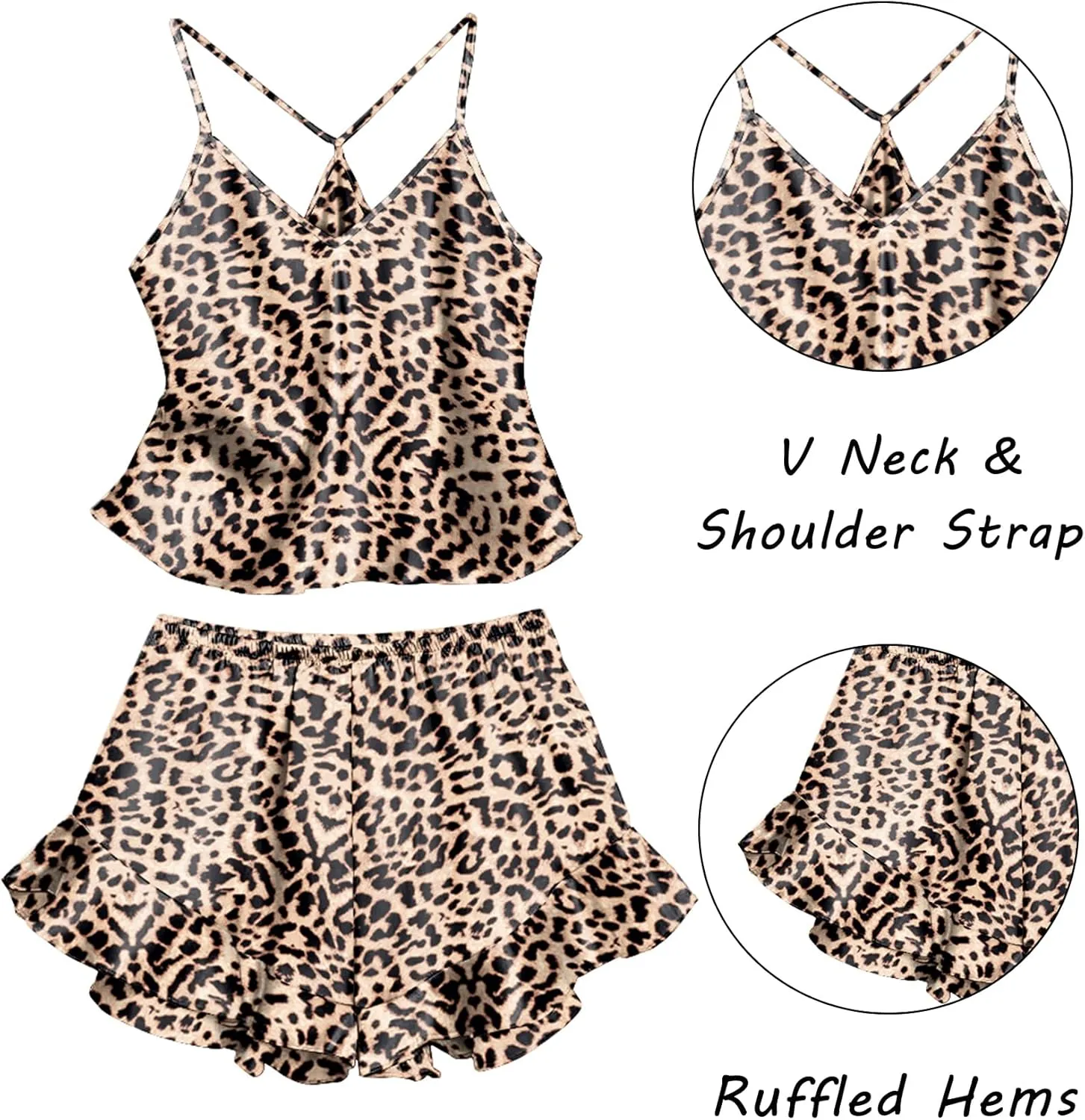 Ekouaer Satin Pajama Set for Women 2 Piece Camisole Top and Shorts Silk Lingerie with Ruffle Floral Nightwear