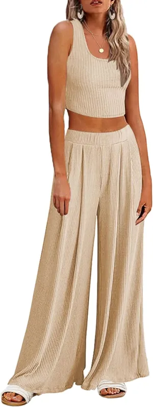 Ekouaer Women's Pajamas 2 Piece Lounge Set Ribbed Knit Loungewear Sleeveless Tank Top Wide Leg Pants