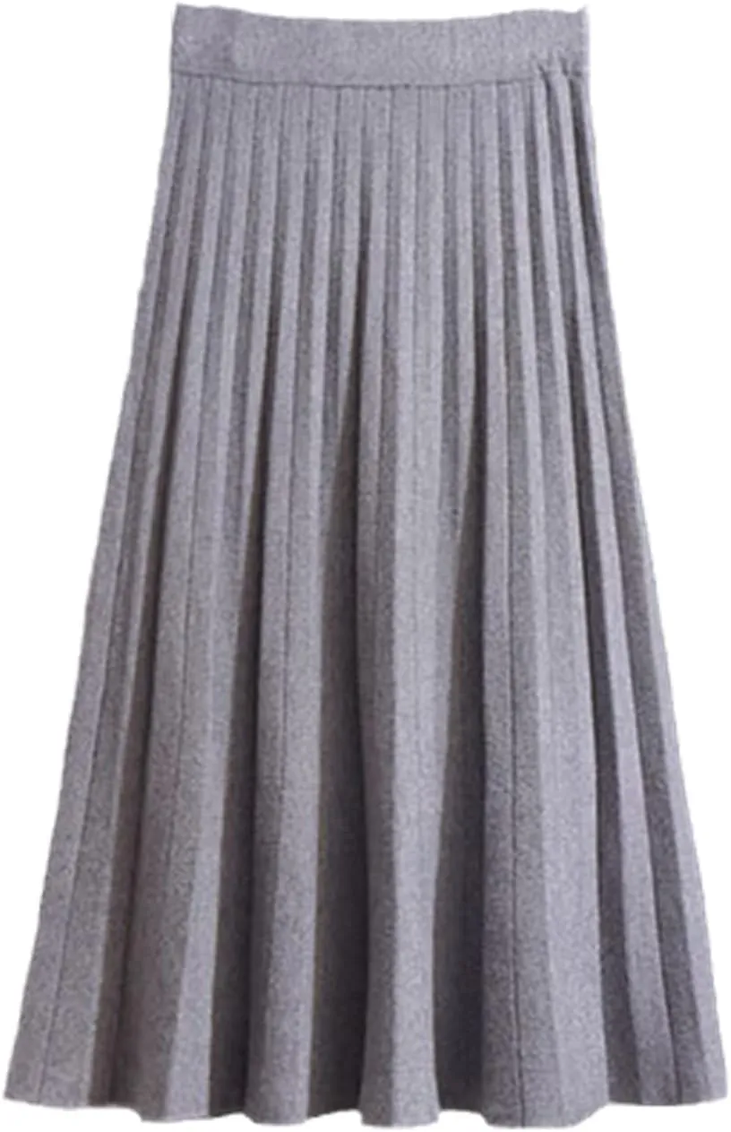 Elegant Midi Pleated Knitted Skirt Women Autumn Winter Korean Knee Length A Line High Waist Skirt Ladies
