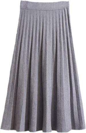 Elegant Midi Pleated Knitted Skirt Women Autumn Winter Korean Knee Length A Line High Waist Skirt Ladies