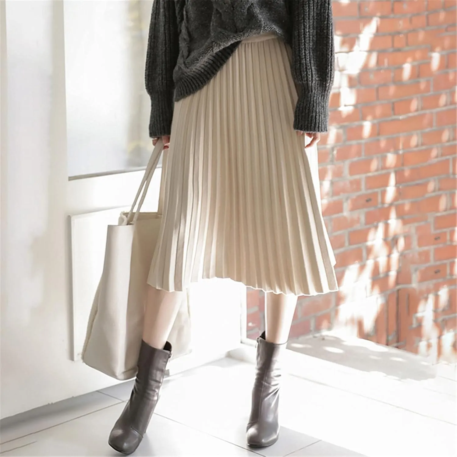 Elegant Midi Pleated Knitted Skirt Women Autumn Winter Korean Knee Length A Line High Waist Skirt Ladies