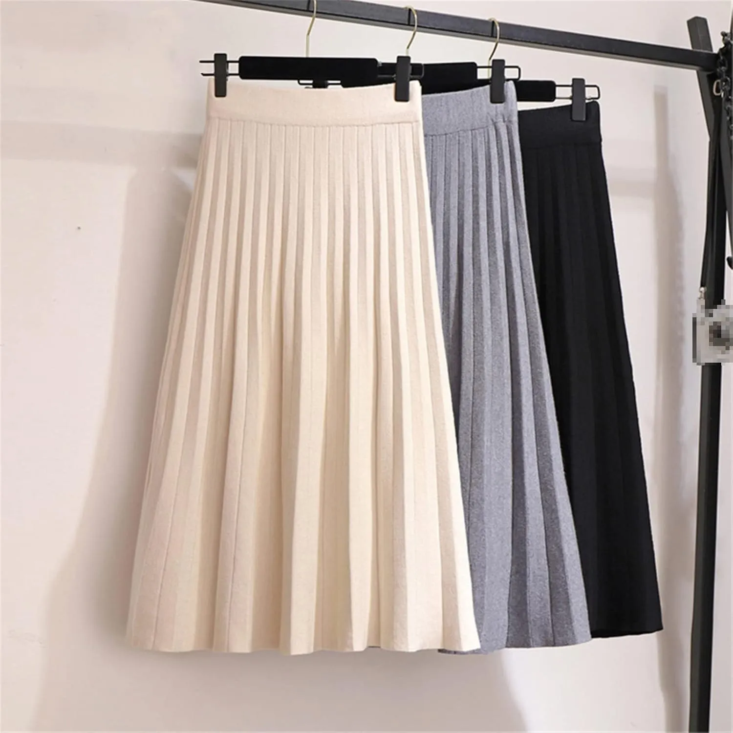 Elegant Midi Pleated Knitted Skirt Women Autumn Winter Korean Knee Length A Line High Waist Skirt Ladies