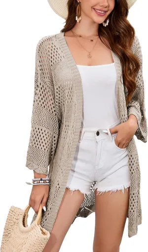 Famulily Womens Cute Crochet Knit Cardigan 3/4 Sleeve Hollow Out Open Front Cover Ups Tops