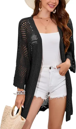 Famulily Womens Cute Crochet Knit Cardigan 3/4 Sleeve Hollow Out Open Front Cover Ups Tops