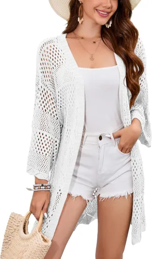 Famulily Womens Cute Crochet Knit Cardigan 3/4 Sleeve Hollow Out Open Front Cover Ups Tops
