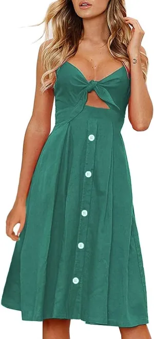 FANCYINN Womens Tie Front Button Down A-Line Dresses Summer Spaghetti Strap Midi Dress Floral Prints