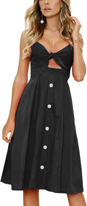 FANCYINN Womens Tie Front Button Down A-Line Dresses Summer Spaghetti Strap Midi Dress Floral Prints
