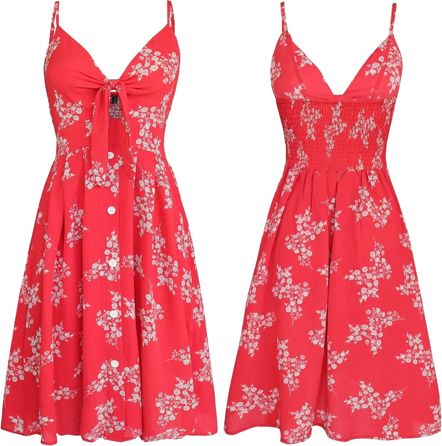 FANCYINN Womens Tie Front Button Down A-Line Dresses Summer Spaghetti Strap Midi Dress Floral Prints