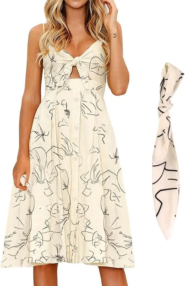 FANCYINN Womens Tie Front Button Down A-Line Dresses Summer Spaghetti Strap Midi Dress Floral Prints