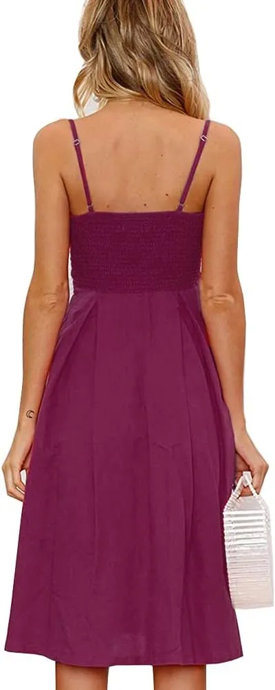 FANCYINN Womens Tie Front Button Down A-Line Dresses Summer Spaghetti Strap Midi Dress Floral Prints