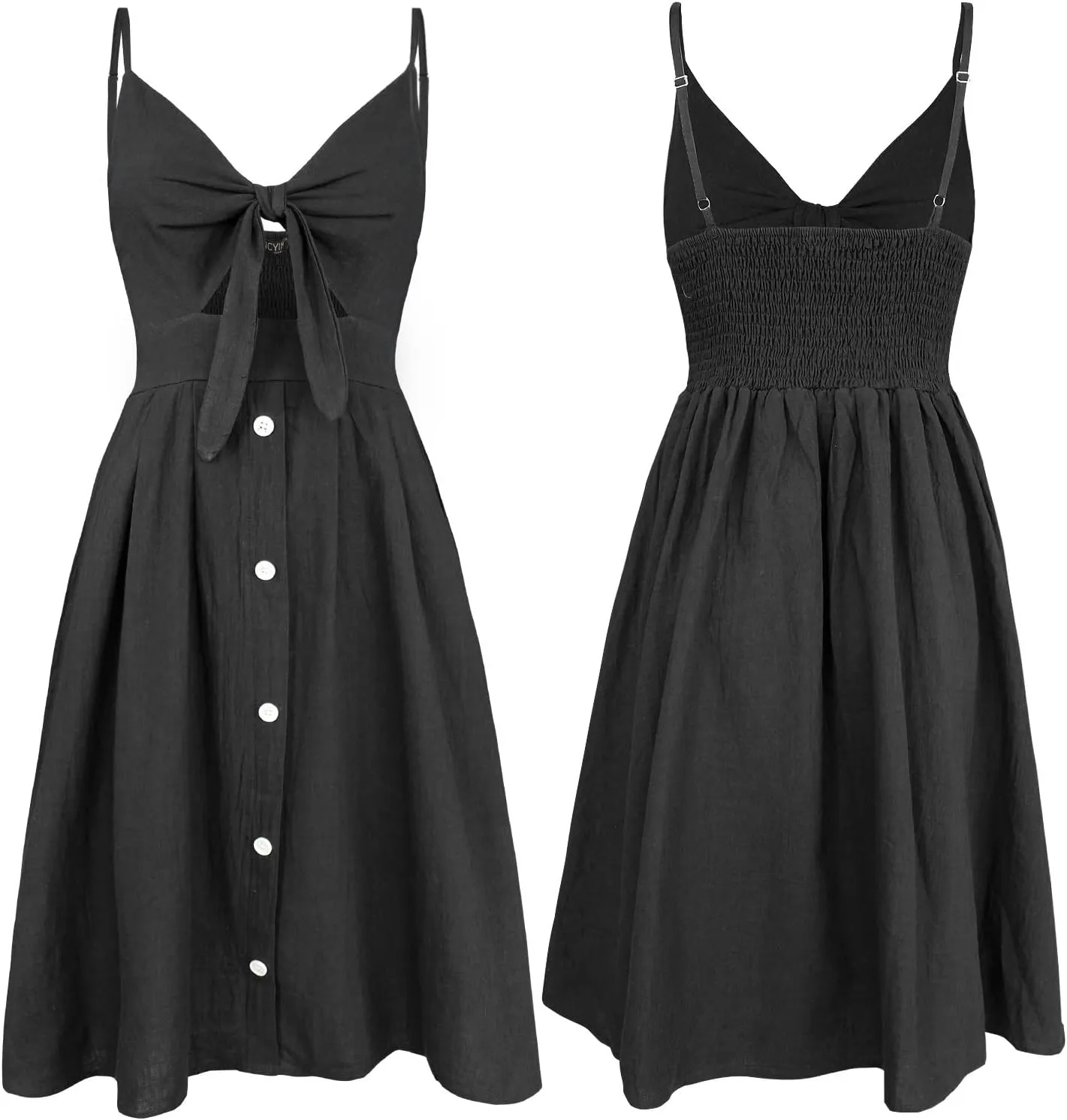 FANCYINN Womens Tie Front Button Down A-Line Dresses Summer Spaghetti Strap Midi Dress Floral Prints