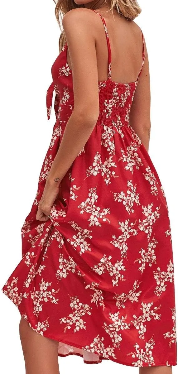 FANCYINN Womens Tie Front Button Down A-Line Dresses Summer Spaghetti Strap Midi Dress Floral Prints