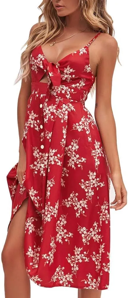 FANCYINN Womens Tie Front Button Down A-Line Dresses Summer Spaghetti Strap Midi Dress Floral Prints