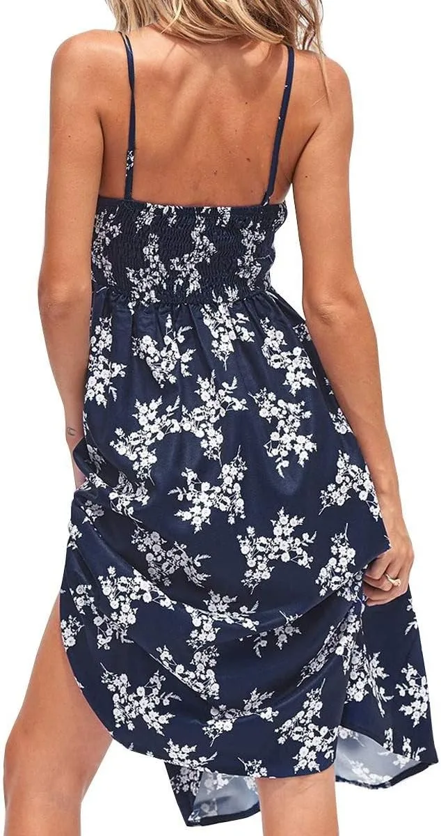 FANCYINN Womens Tie Front Button Down A-Line Dresses Summer Spaghetti Strap Midi Dress Floral Prints