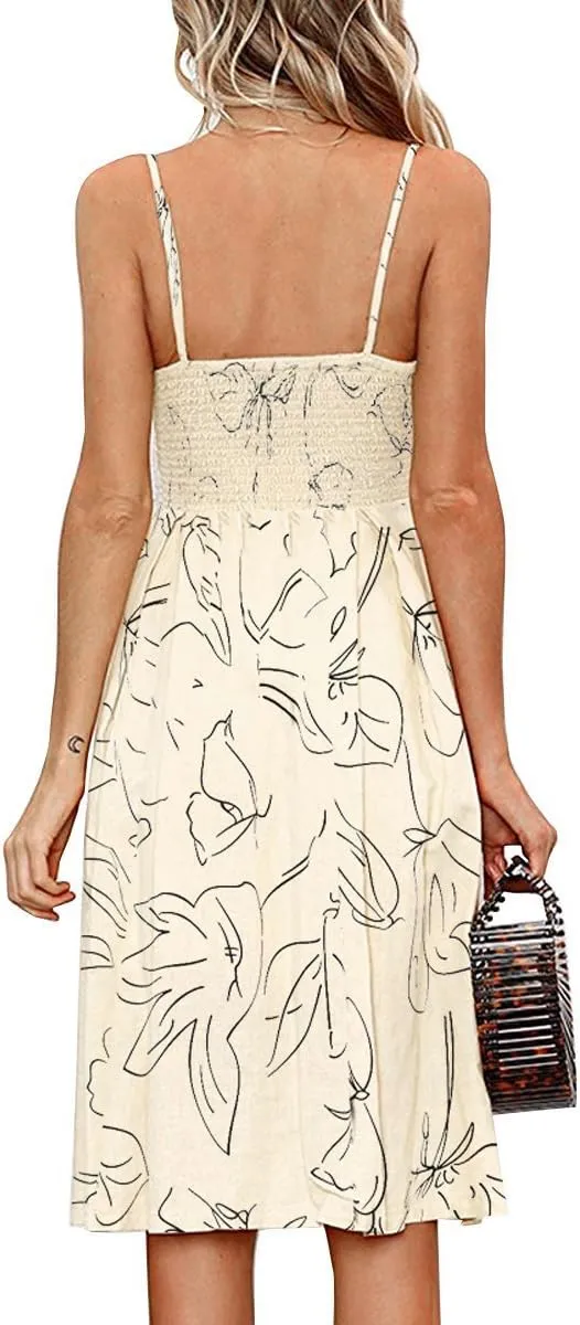 FANCYINN Womens Tie Front Button Down A-Line Dresses Summer Spaghetti Strap Midi Dress Floral Prints