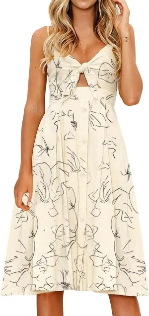 FANCYINN Womens Tie Front Button Down A-Line Dresses Summer Spaghetti Strap Midi Dress Floral Prints