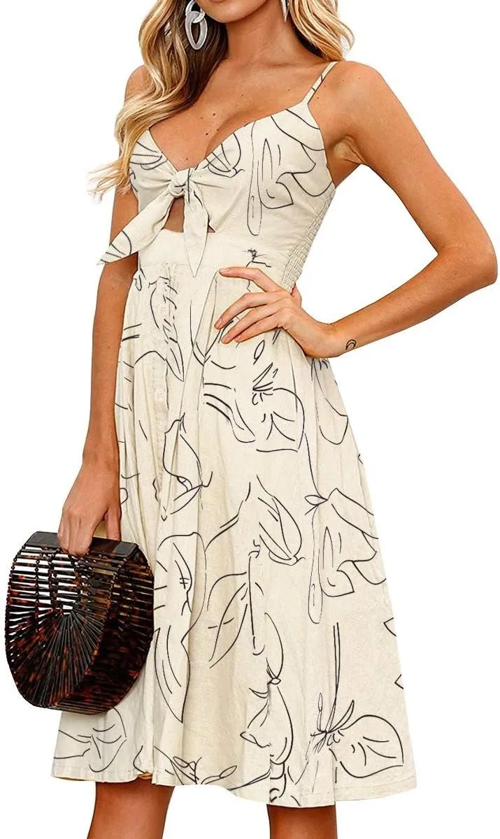 FANCYINN Womens Tie Front Button Down A-Line Dresses Summer Spaghetti Strap Midi Dress Floral Prints