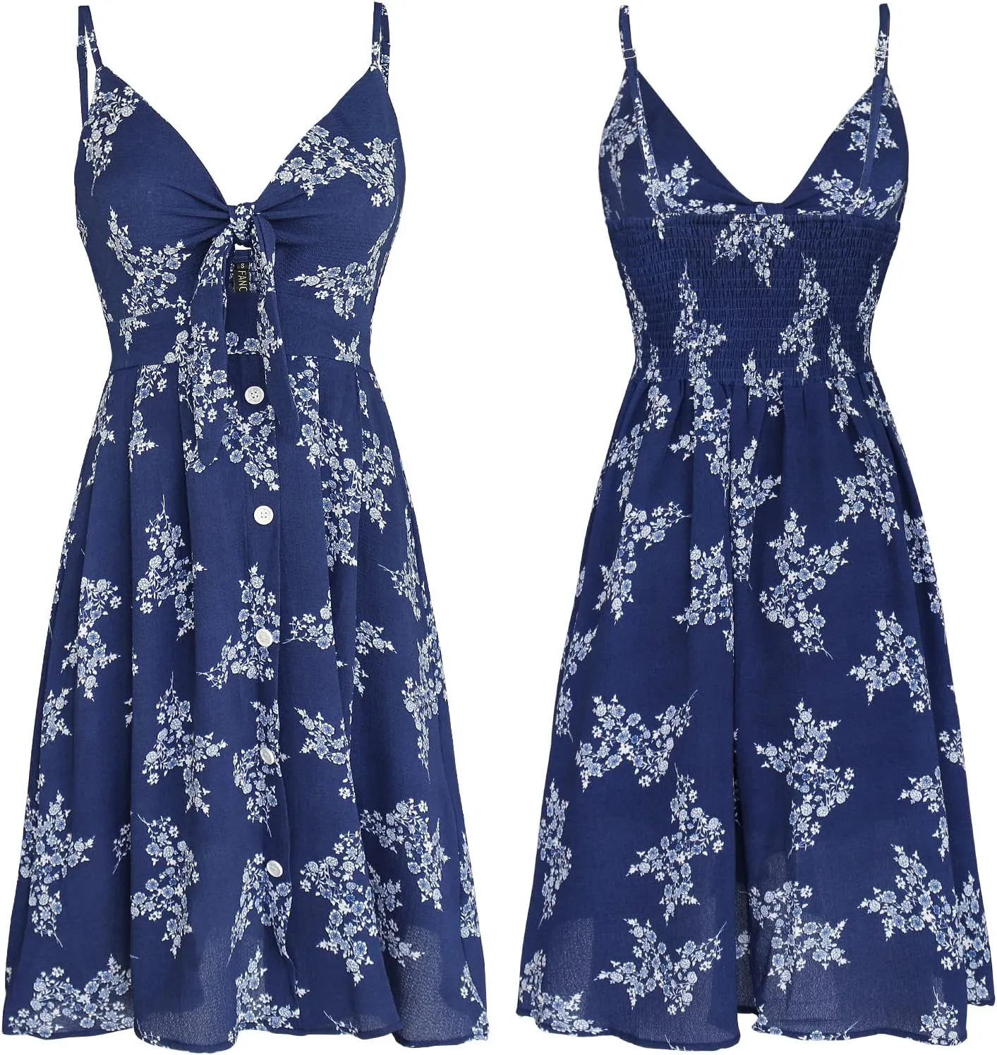 FANCYINN Womens Tie Front Button Down A-Line Dresses Summer Spaghetti Strap Midi Dress Floral Prints