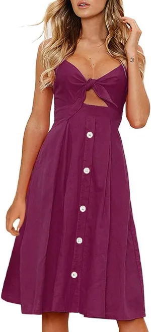 FANCYINN Womens Tie Front Button Down A-Line Dresses Summer Spaghetti Strap Midi Dress Floral Prints