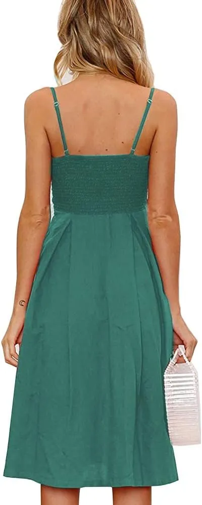 FANCYINN Womens Tie Front Button Down A-Line Dresses Summer Spaghetti Strap Midi Dress Floral Prints