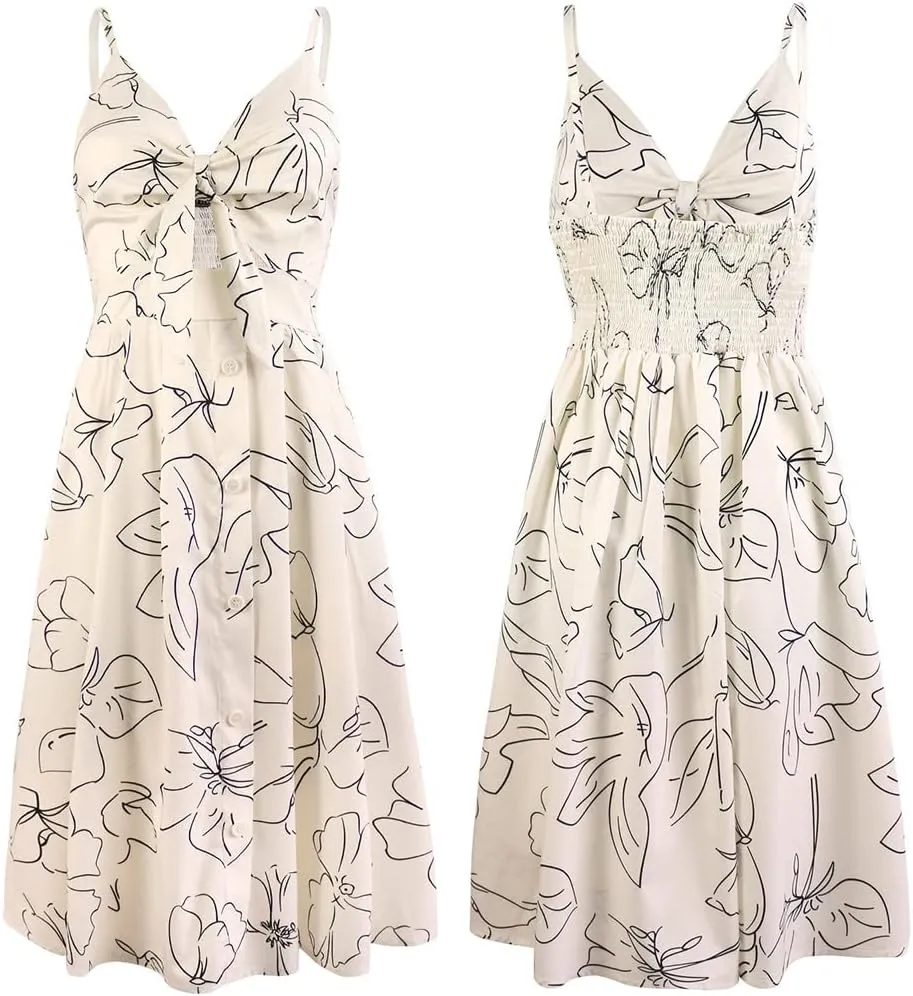 FANCYINN Womens Tie Front Button Down A-Line Dresses Summer Spaghetti Strap Midi Dress Floral Prints