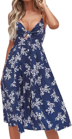FANCYINN Womens Tie Front Button Down A-Line Dresses Summer Spaghetti Strap Midi Dress Floral Prints