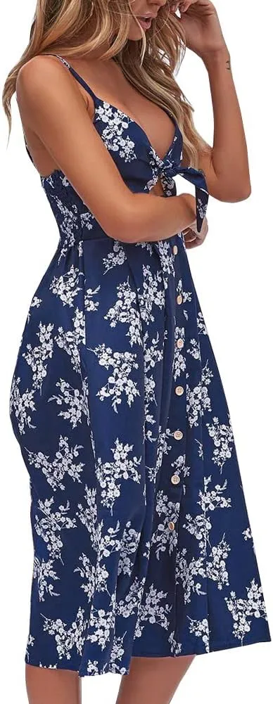 FANCYINN Womens Tie Front Button Down A-Line Dresses Summer Spaghetti Strap Midi Dress Floral Prints