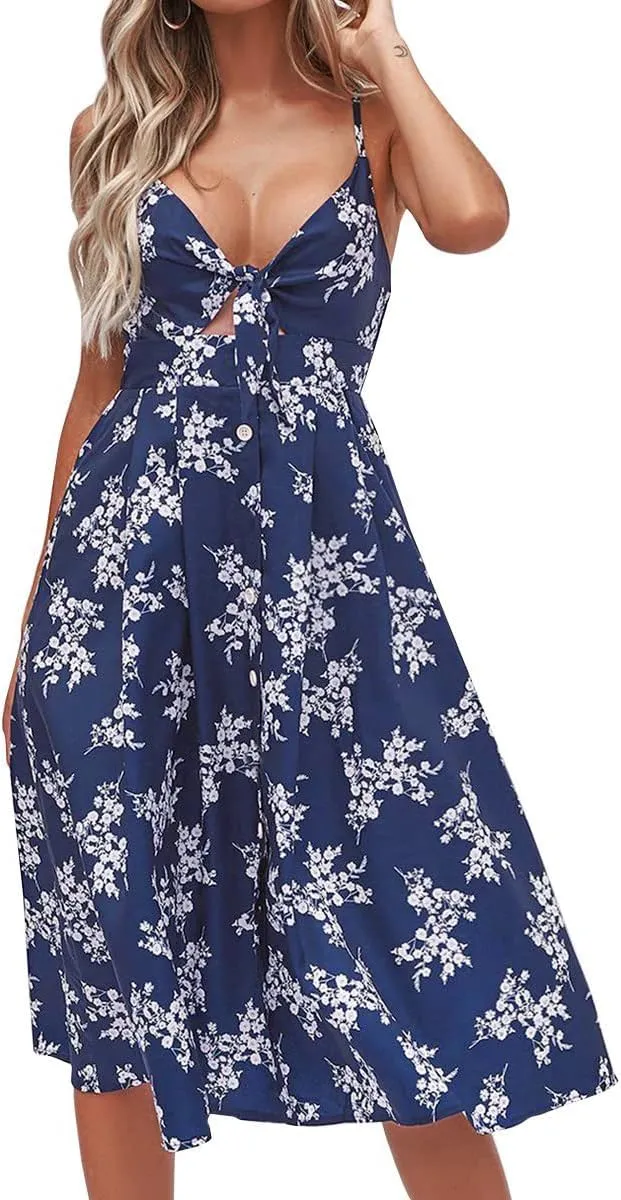 FANCYINN Womens Tie Front Button Down A-Line Dresses Summer Spaghetti Strap Midi Dress Floral Prints