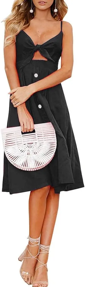 FANCYINN Womens Tie Front Button Down A-Line Dresses Summer Spaghetti Strap Midi Dress Floral Prints