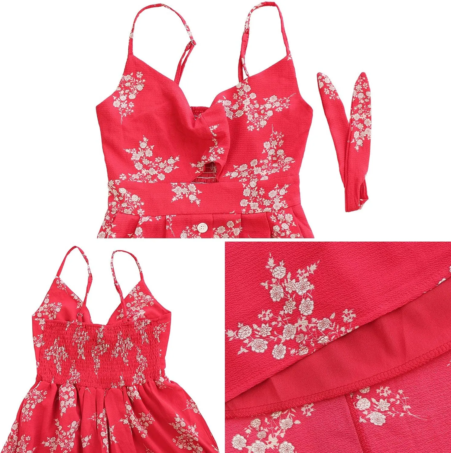 FANCYINN Womens Tie Front Button Down A-Line Dresses Summer Spaghetti Strap Midi Dress Floral Prints