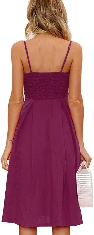 FANCYINN Womens Tie Front Button Down A-Line Dresses Summer Spaghetti Strap Midi Dress Floral Prints
