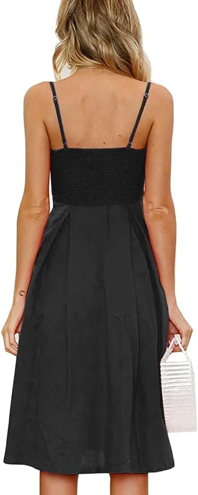 FANCYINN Womens Tie Front Button Down A-Line Dresses Summer Spaghetti Strap Midi Dress Floral Prints