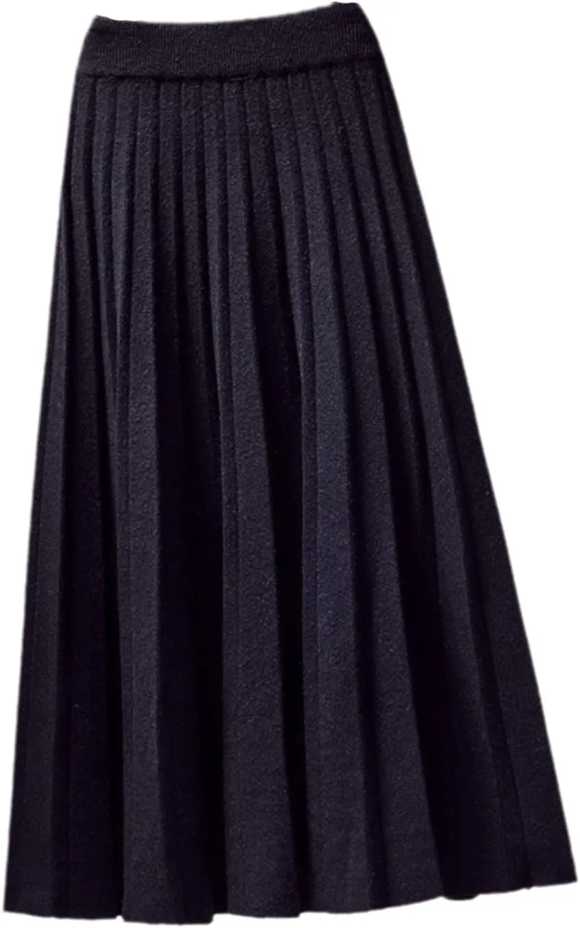 Fashion Autumn Winter Knitted Midi Long Pleated Skirt Women Korean Style Blue Mid-Length High Waist Skirt