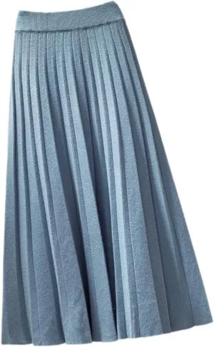 Fashion Autumn Winter Knitted Midi Long Pleated Skirt Women Korean Style Blue Mid-Length High Waist Skirt