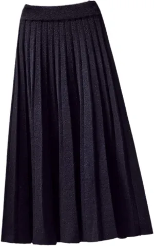 Fashion Autumn Winter Knitted Midi Long Pleated Skirt Women Korean Style Blue Mid-Length High Waist Skirt