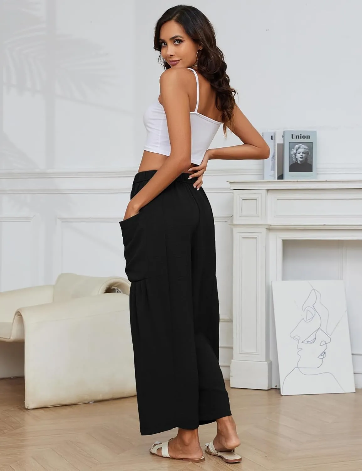 Flygo Women's Wide Leg Pants Summer Casual Loose Fit Beach Palazzo Harem Pants with Pockets