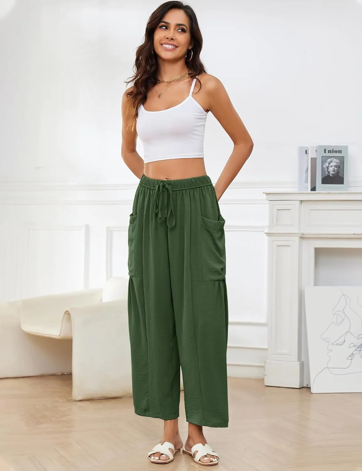 Flygo Women's Wide Leg Pants Summer Casual Loose Fit Beach Palazzo Harem Pants with Pockets